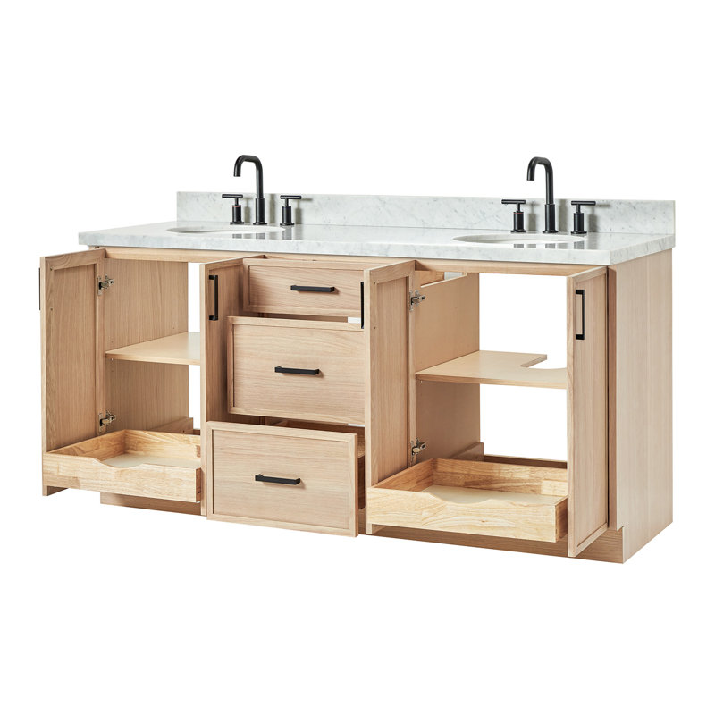 ARIEL Kellie 73 Double Sink Bathroom Vanity with Italian Carrara Marble Top, Oak