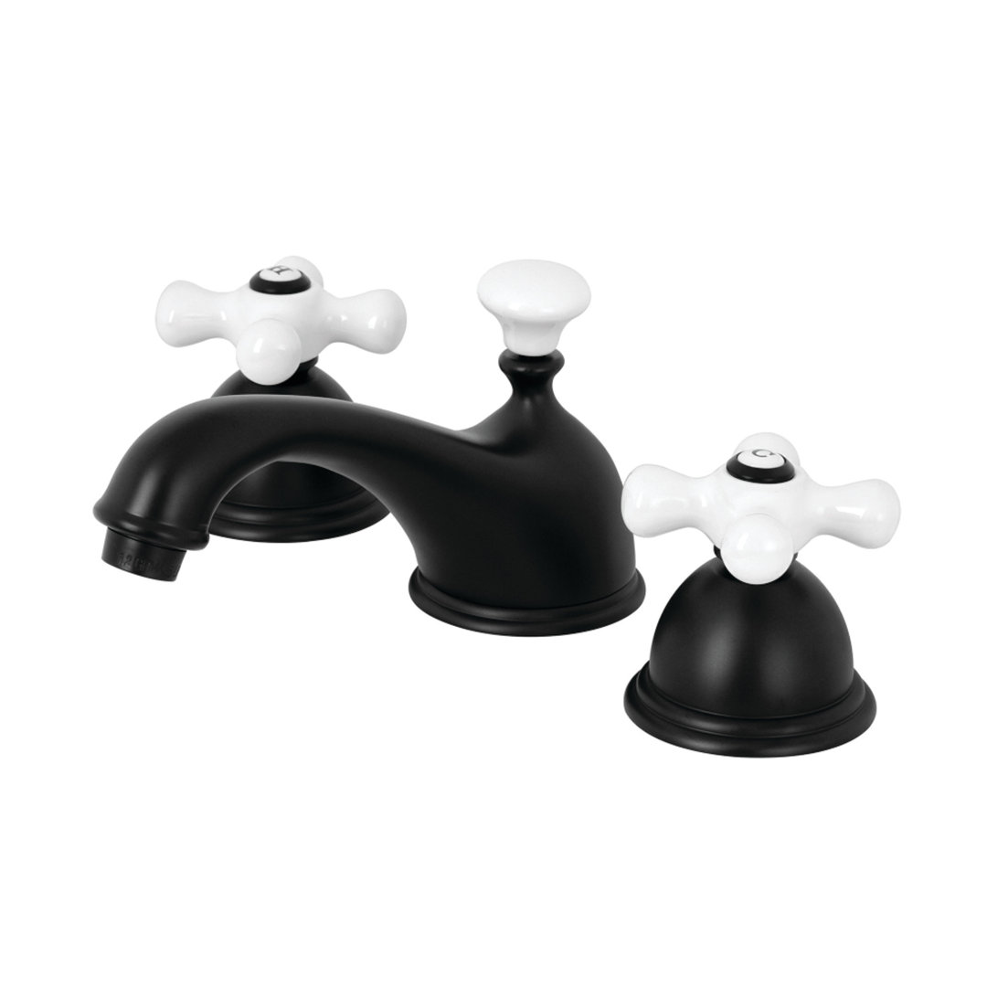 Kingston Brass Restoration Two-Handle 3-Hole Deck Mount Widespread Bathroom Faucet with Brass Pop-Up Drain Kingston Brass 