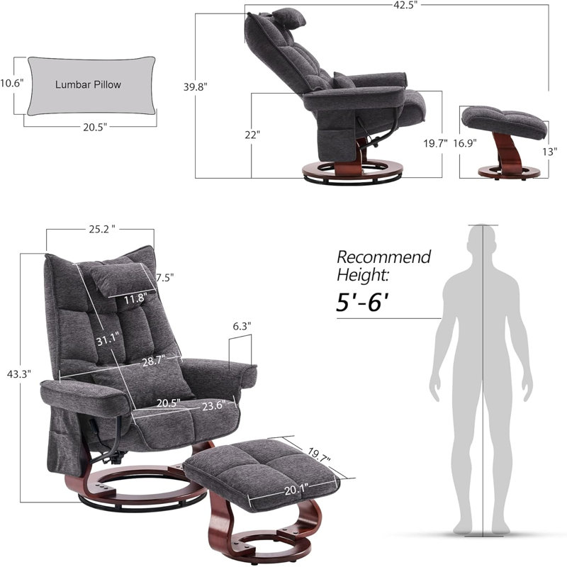 Bennith Upholstered Swivel Recliner, Massage TV Chairs with Neck Pillow and Side Pocket, Gray Chenille