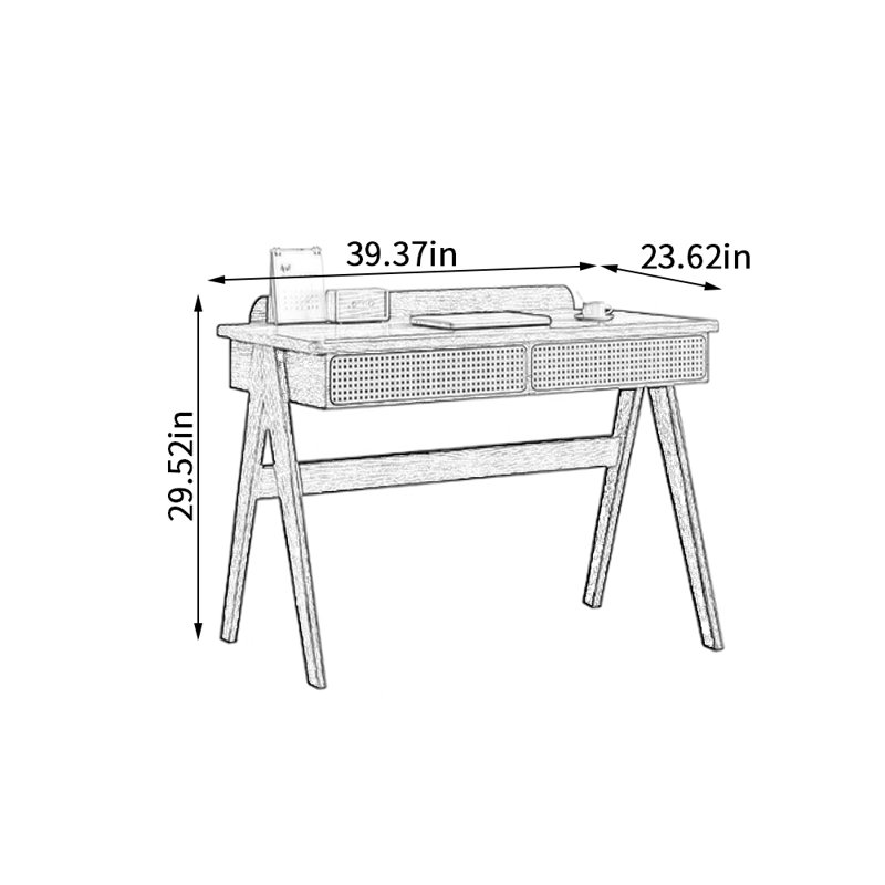 Natural Ash Wood Rattan Home Writing Desk, 29.92" H x 39.37" W x 23.62" D