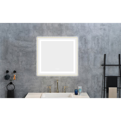 Miroir de salle de bain à DEL de 30 po x 28 po avec façade et rétroéclairage, cadre en aluminium, brouillard, mémoire, 3 options de couleur, gradation continue, or brossé, pour améliorer les couleurs du meuble-lavabo mural, gradateur, rencontre