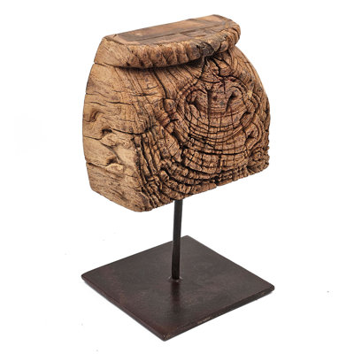 Mae Hand-Carved Decorative Pillar, Metal Stand, Antique Wood 16 Inch