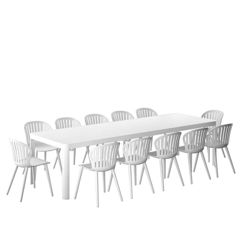 Amazonia Milky Extendable Outdoor Patio Aluminum And Resin Dining Set, White, 12