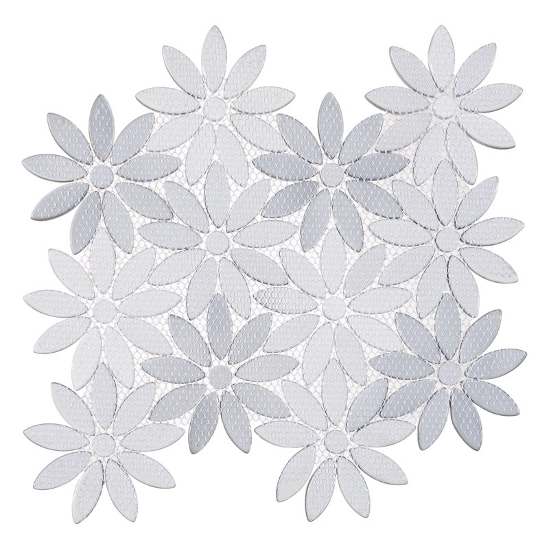 Fresh 12" x 10" Glass/Stone/Aluminum Flower Pattern Mosaic Wall Tile, Ticia