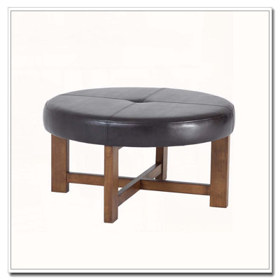 Round Tufted Faux Leather Ottoman with Solid Wood Base