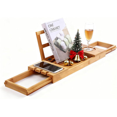Plateau de baignoire en bambou extensible et ajustable, avec support pour livre et tablette, porte-verre à vin et porte-serviettes.