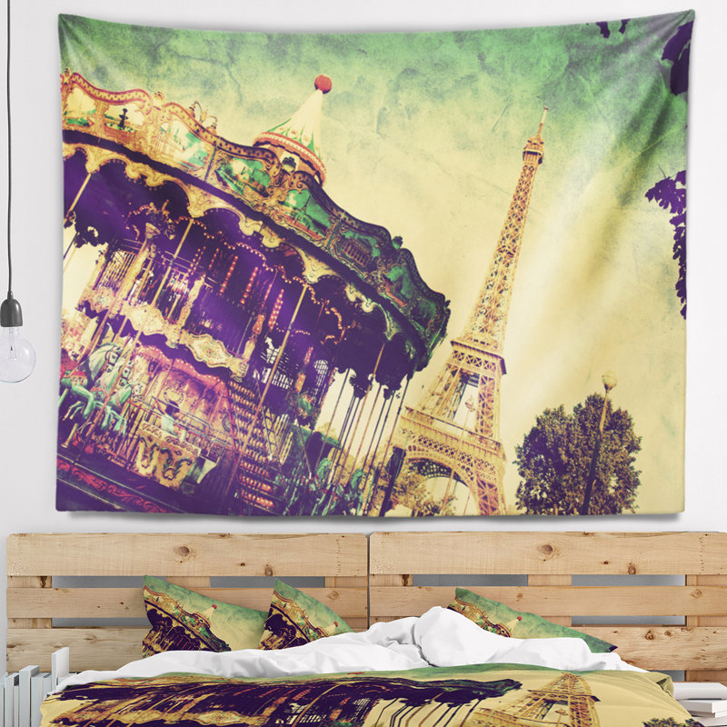 Paysage paris eiffel tower retro style tapisserie, H 32 po x l 39 po