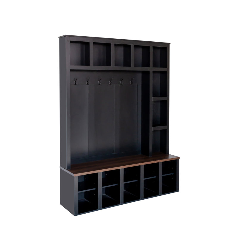 Farmhouse Wooden Style Hall Tree With 6 Hooks, Practical Walnut Storage Bench With Adjustable Shelves,  4-In-1 Entryway Shoe Cabinet With 13 Cubbies For Mudroom, Living Room, Black