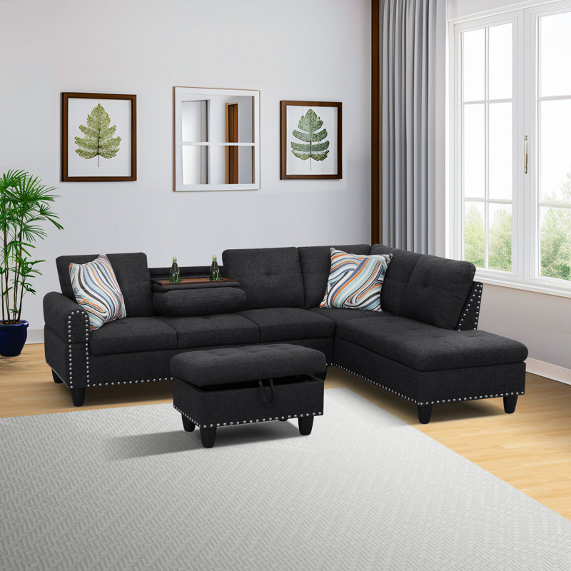 Canapé modulaire en forme de L avec porte-gobelet - Noir - Droite