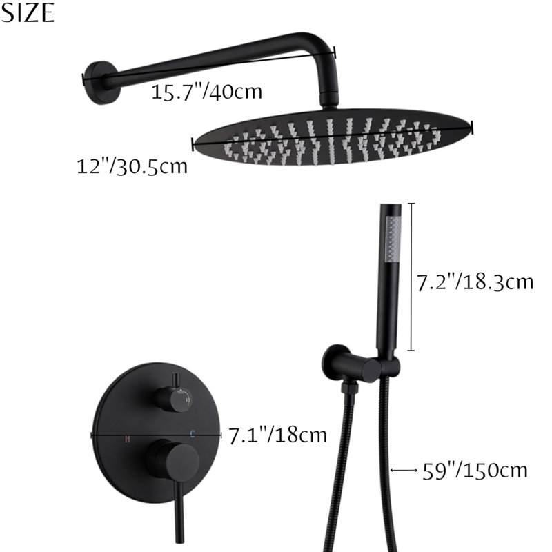 12" Round Shower Head Pressure Balanced Shower Faucet System With Handheld Spray, Matte Black