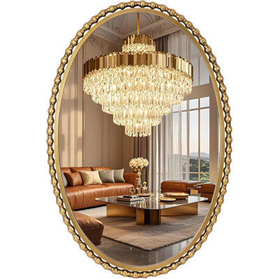 24X36 Inch Oval Wall Mirror With Antique Gold Beaded Frame, Vertical Or Horizontal Hanging Vanity Mirror For Bathroom, Powder Room Or Bedroom, Decorative Oval Mirror Wall Decor