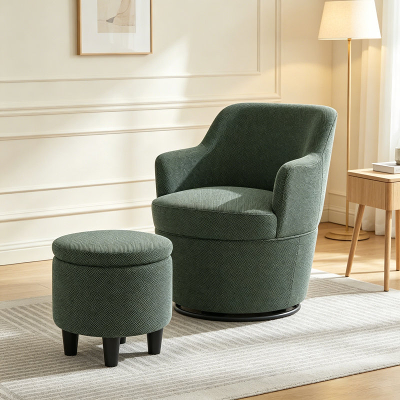360 Modern Swivel Barrel Chair with Ottoman, Green