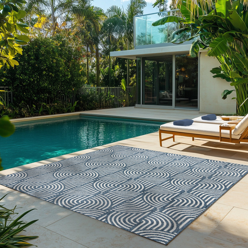 Savara Chryssi Navy Blue Ivory Cream Ivory Cream Modern Circles Indoor/ Outdoor Polypropylene Flatweave Area Rug