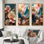 «Blooming Pink Magnolia Abstract Flower On Blue», 3 pièces sur toile-117738047-117738043