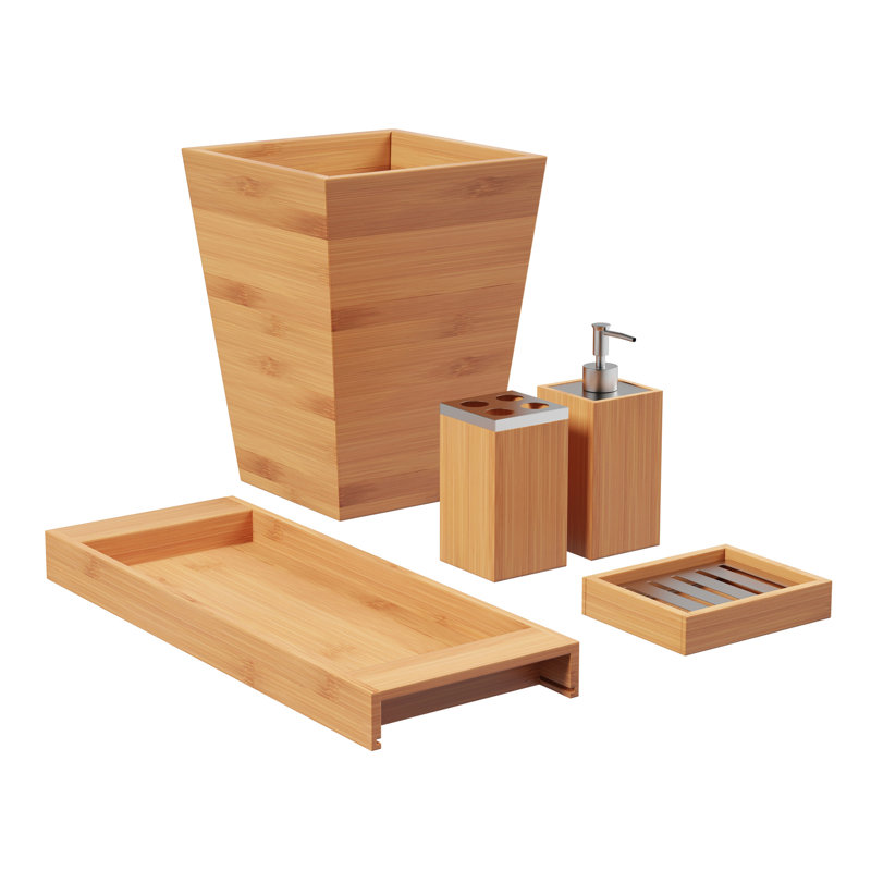 Ensemble de décoration de salle de bain 5 pièces Lavish Home - Accessoires de meuble-lavabo en bambou avec poubelle, porte-savon, distributeur de savon, porte-brosse à dents et plateau