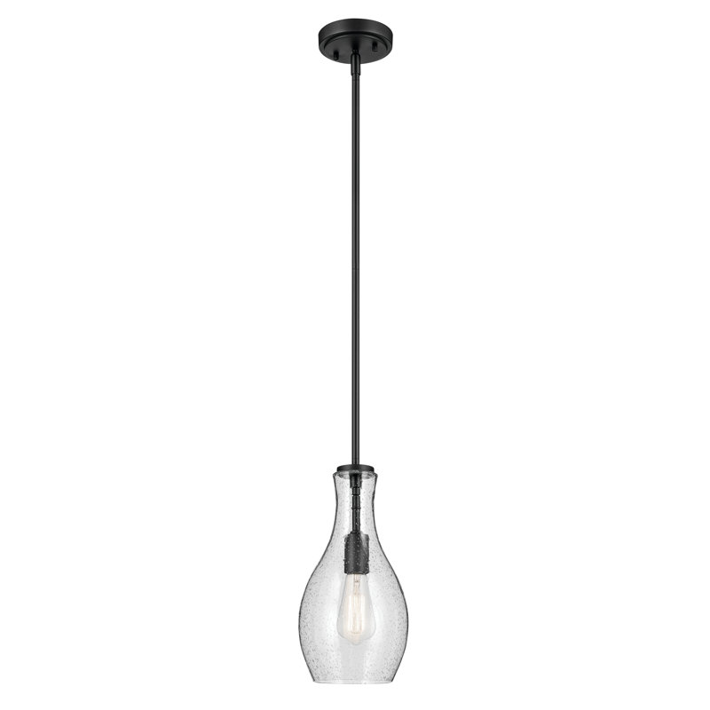 Luminaire suspendu cloche 1 lumière 13,75 "avec verre bullé transparent, Noir satiné