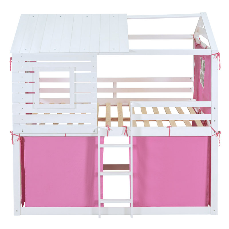 Lit superposé en bois avec tente Yaraghi, Double sur double, Rose / blanc