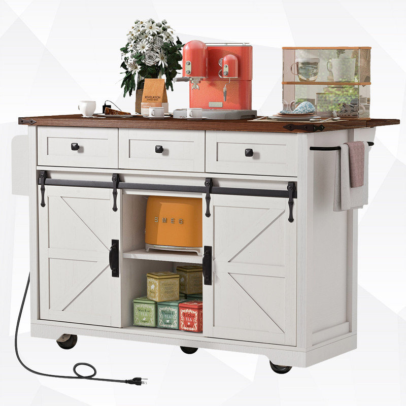 Kitchen Island with Drop Leaf & 2 Storage Cabinets, White