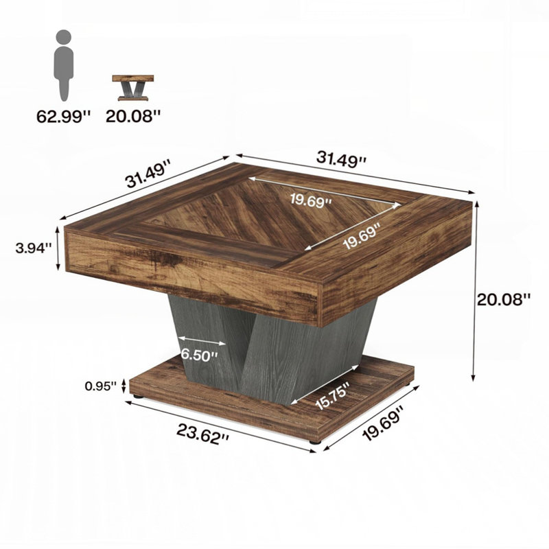Table basse carrée en bois rustique moderne avec base Crisscross