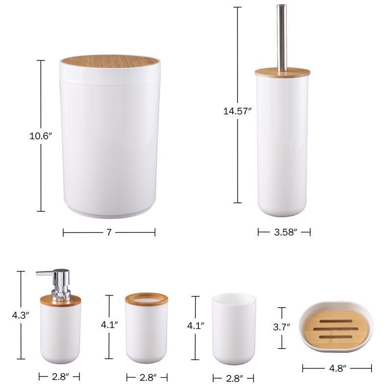 Ensemble d'accessoires de salle de bain 6 pièces Kuniaki - Ensemble complet avec brosse de toilette, poubelle, pompe à savon, porte-savon, porte-brosse à dents et tasse