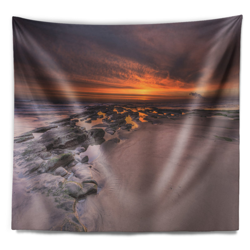 Seashore dramatic sunrise sur sandy beach tapestry, H 68 po x l 80 po