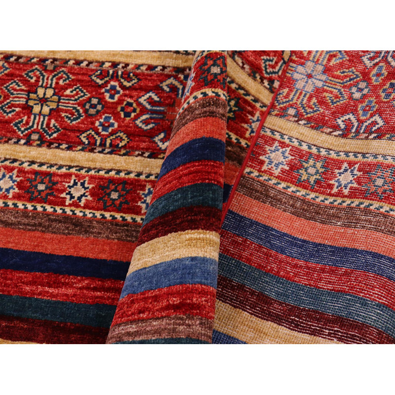 Tapis rouge en laine noué à la main 5 pi 9 po x 7 pi 10 po Parikhas Southwestern