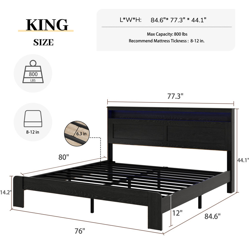 Structure de lit plateforme très grand en bois avec tête de lit à DEL et rangement USB, Noir, Très grand lit