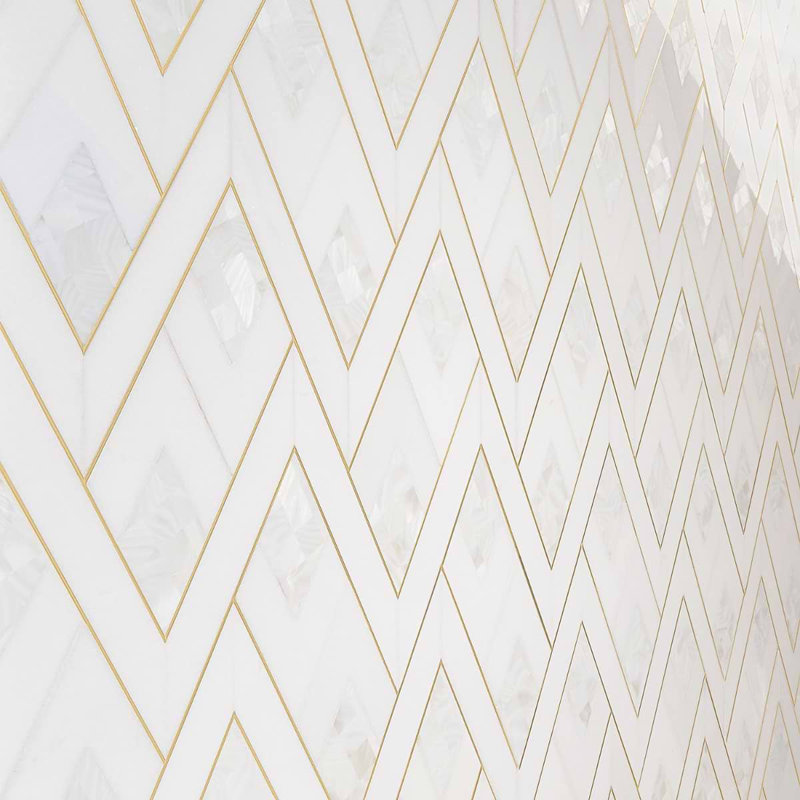 Zeta 12x16 Polished Marble and Brass Inlay Waterjet Mosaic Tile, Pearl White