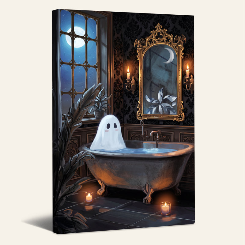«White Ghost in Moonlit Gothic Bathroom Halloween», art mural, 30"H x 20"W