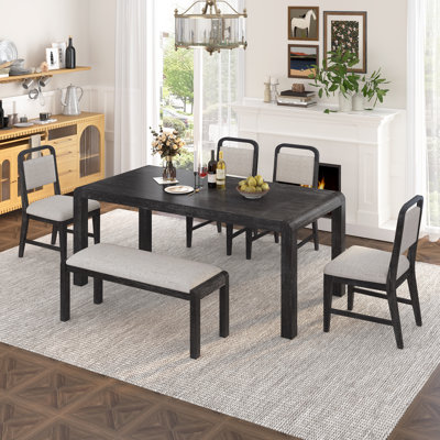 6 - Piece Extendable Dining Set, With Bench, Wood, Upholstered Seating, Modern Farmhouse, Dining Room