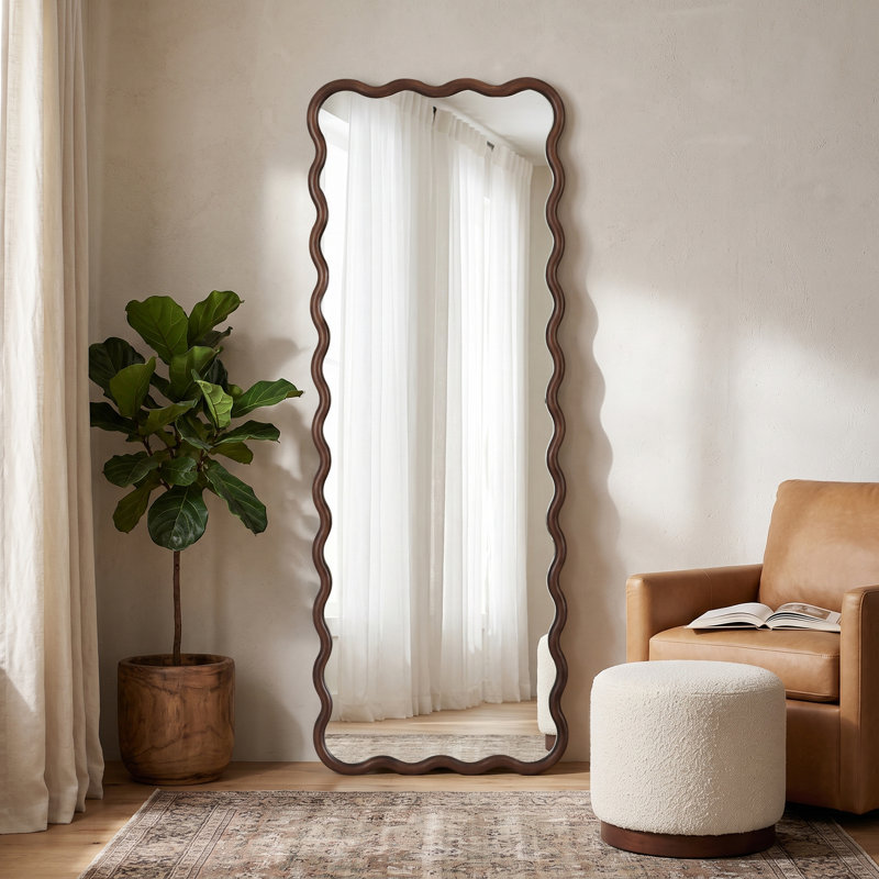 Miroir décoratif ondulé en bois d'hévéa massif, 65 po x 24 po, Dark Walnut, Rectangulaire