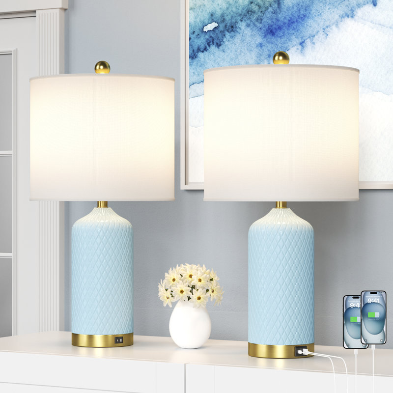22" H Ceramic and Metal Table Lamp with USB Ports, Blue