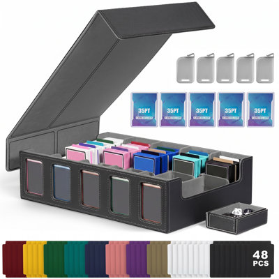 Boîte de rangement pour cartes à collectionner en cuir PU de qualité supérieure, organisateur à 5 rangées doublé de velours pour cartes de jeu de sport TCG, noir mauve avec manchons de diviseurs