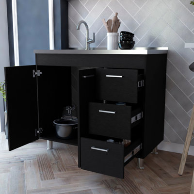 2-Door 3 Black Kitchen Cabinet - Ample Storage Space For Pots And Pans With 3 Drawers 2 Doors Versatile