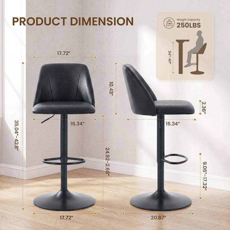  Tabourets de bar rembourrés réglables modernes avec dossier et repose-pieds pour îlot de cuisine et salle à manger, Noir