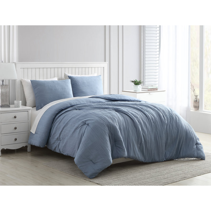  Greenport Crinkle Microfiber Comforter Set, Queen Comforter + 2 Standard Shams, Wedgewood