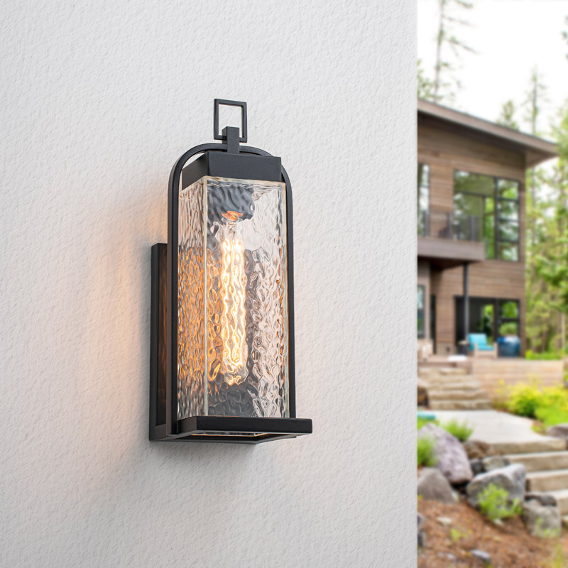 15.35" Modern Farmhouse Outdoor Wall Sconce Matte Black Metal With Handcrafted Ripple Glass Shade IP44 Waterproof E26 Base UL Listed Dimmable Porch Light For Patio Entryway Garage Bathroom