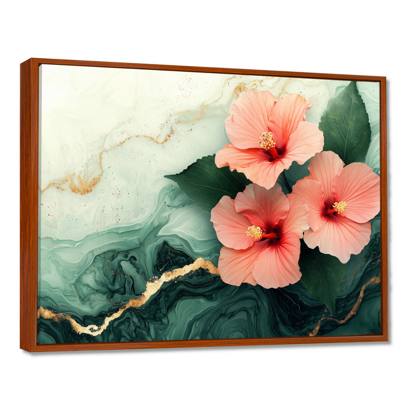 Corionna Hibiscus Flowers Field On A Emerald Stone II - Hibiscus Wall Art, H 34 po x l 44 po, Impression encadrée flottante