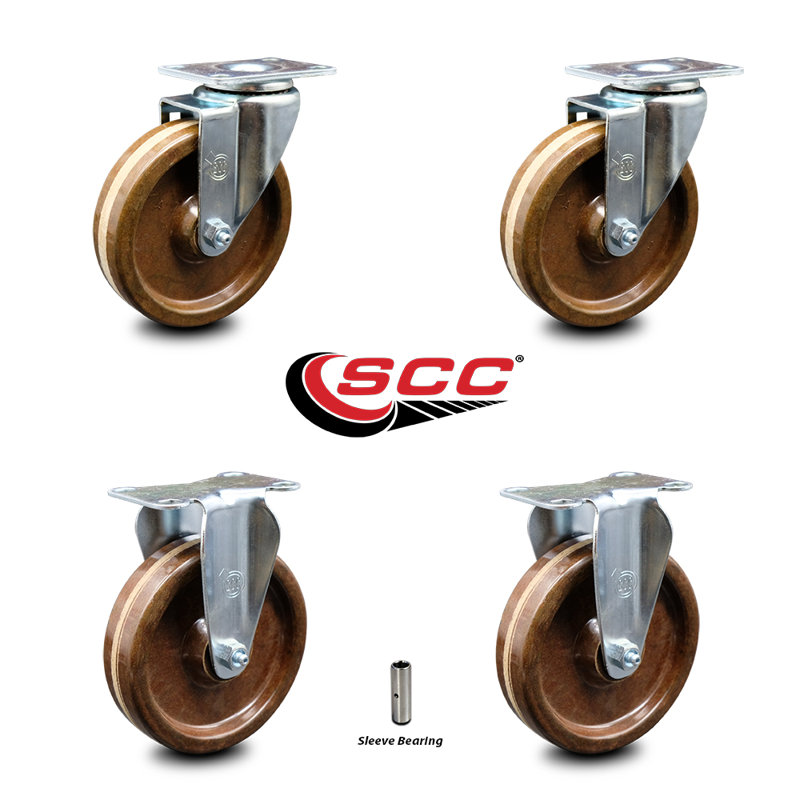 5 Inch High Temp Phenolic Wheel Swivel Top Plate Caster Set with 2 Rigid SCC