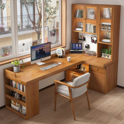Bureau d'angle entièrement en bois et bibliothèque intégrés en forme de L