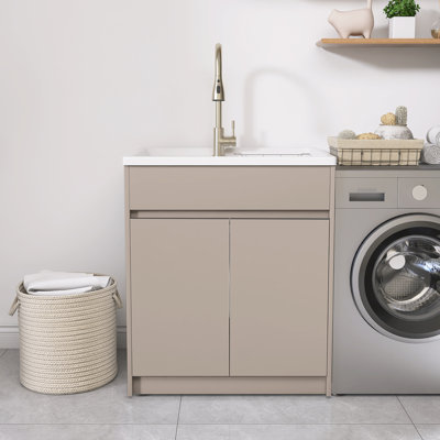Freestanding 30'' Beige Laundry Sink Cabinet with Hot & Cold Water Drop-in Solid Surface Utility Sink