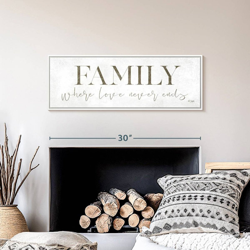 Plaque murale «Family Where Love Never Ends», Cadre flottant blanc, 31" X 11"