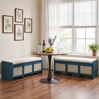 48" Rattan Storage Bench, MDF Entryway Bench with 3 Rattan Drawers & Gas Lift Flip Top, Removable Tufted Cushion, Multipurpose Shoe Bench for Foyer, Bedroom End of Bed, Hallway (Set of 2)
