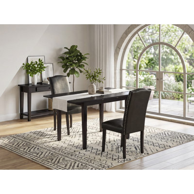 Ensemble de salle à manger 3 pièces comprenant une table de cuisine rectangulaire avec rallonge papillon et 2 chaises de salle à manger Parsons en similicuir noir, 81 x 137 cm, noir