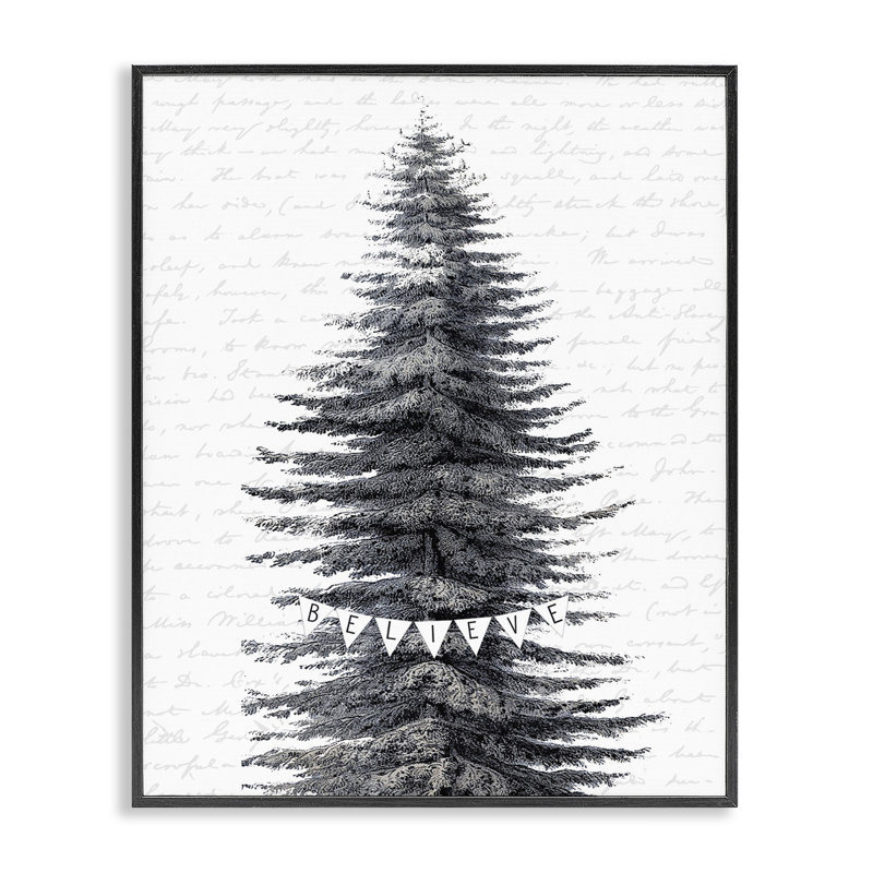 «Snow Covered Christmas Tree Believe», impression, Giclée encadrée noir minuit, H 14 po x l 11 po