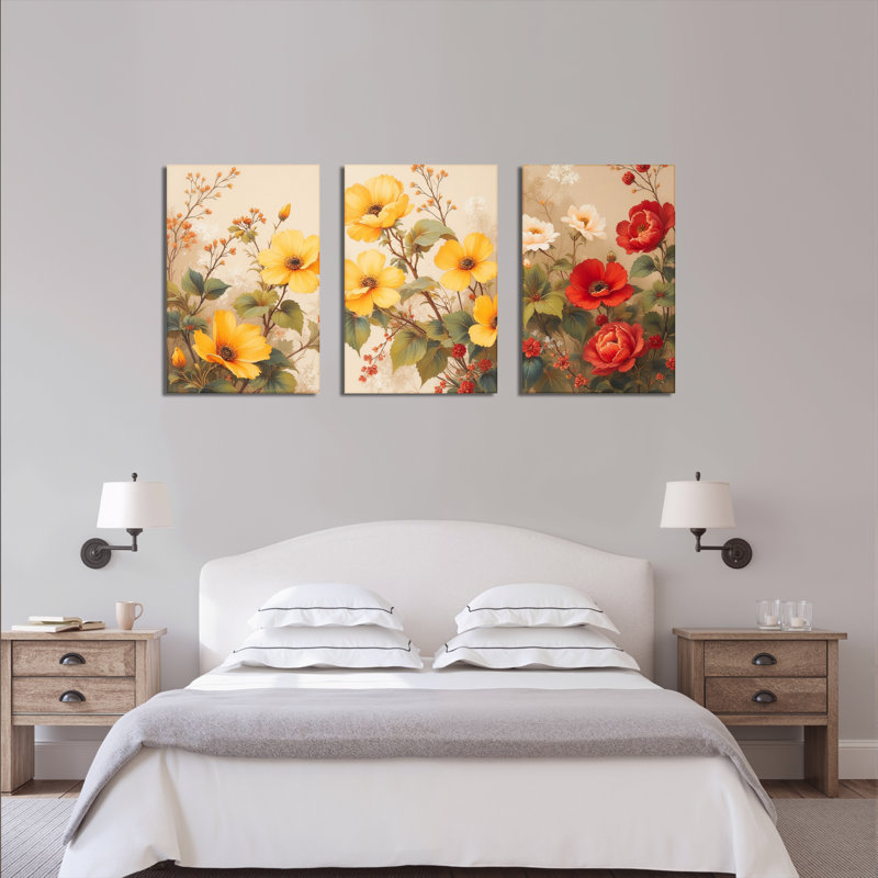 "Floral Bouquet", reproduction d'art sur toile tendue sur toile (ensemble de 3), H 18 po x l 36 po