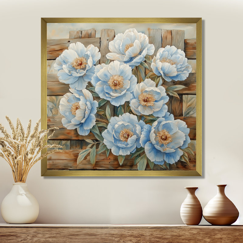 Bébé bleu pivoines par la porte de la ferme I - pivoines, art mural, H 36 po x l 36 po, Doré