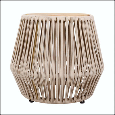 Acacia Wood Side Table with Beige Rope Base - Light Teak Finish