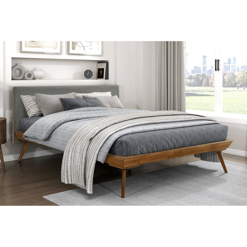 Grand lit plateforme châtaignier et gris foncé avec tête de lit texturée, Grand lit
