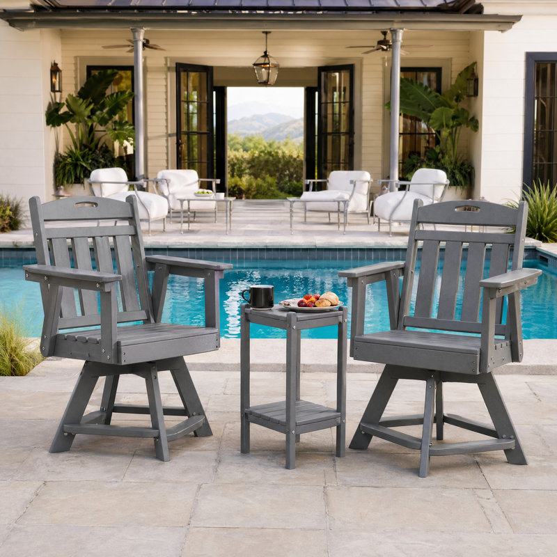 Ensemble bistro 3 pièces en PEHD pour l'extérieur | 2 chaises pivotantes + 1 table d'appoint | Résistant à toutes les saisons, nécessitant peu d'entretien et respectueux de l'environnement